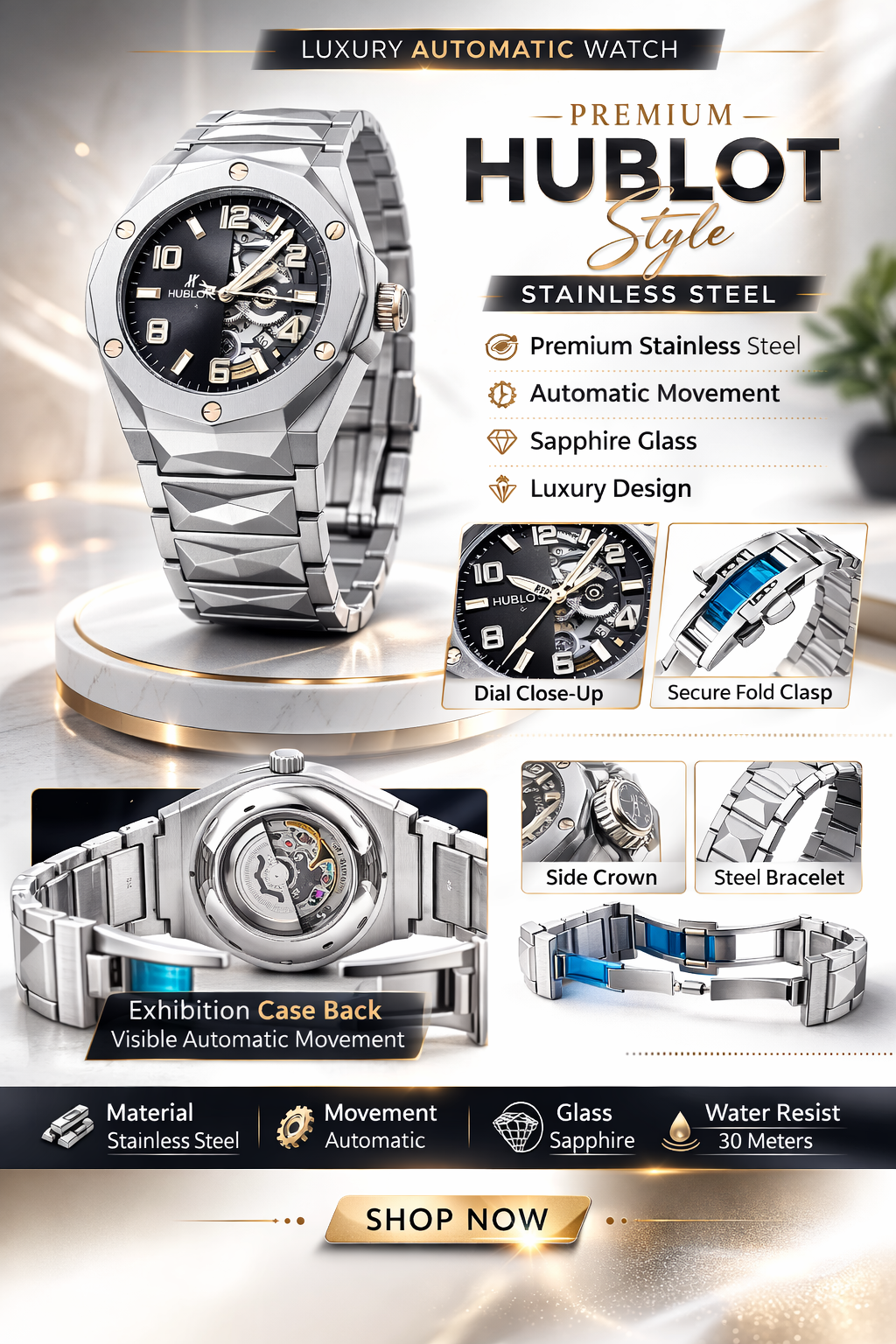 Hublot-Style Luxury Skeleton Watch (Ceramic Design)