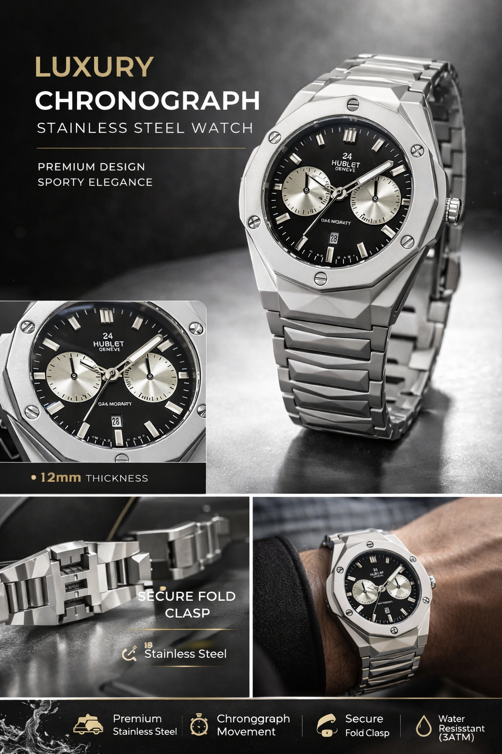 Luxury Chronograph Stainless Steel Watch – Hublot-Style Design